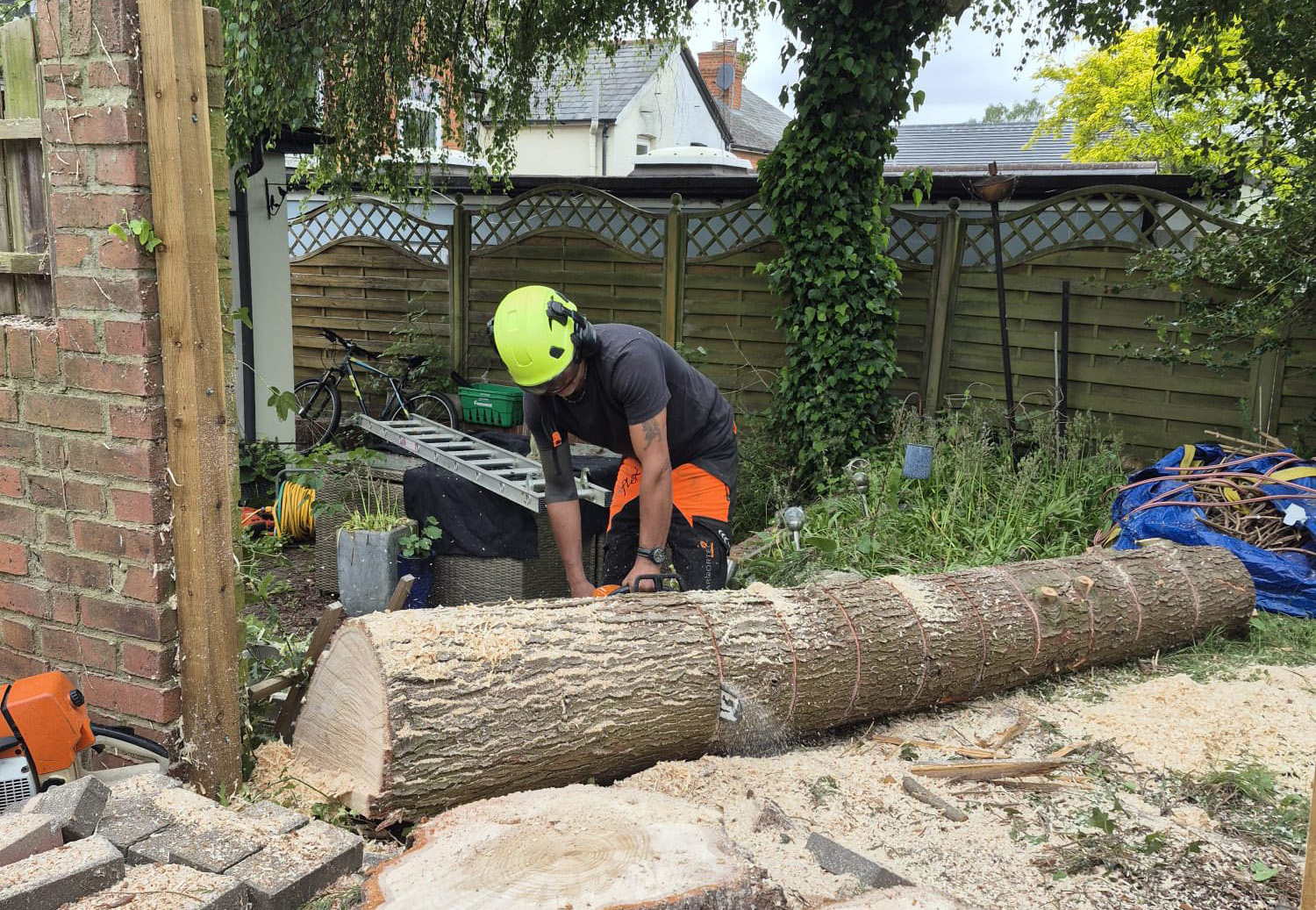 Farnham Trees And Hedges tree surgeon cutting a felled log with a chainsaw in a Farnham garden